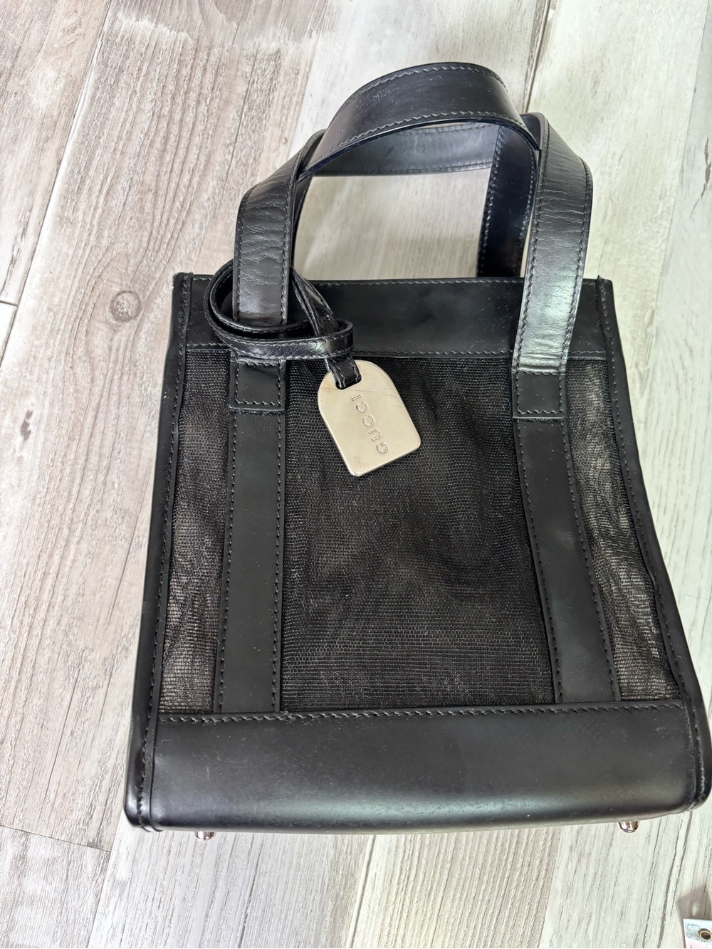 Gucci Black Mesh & Leather Structured Tote with Signature Tag